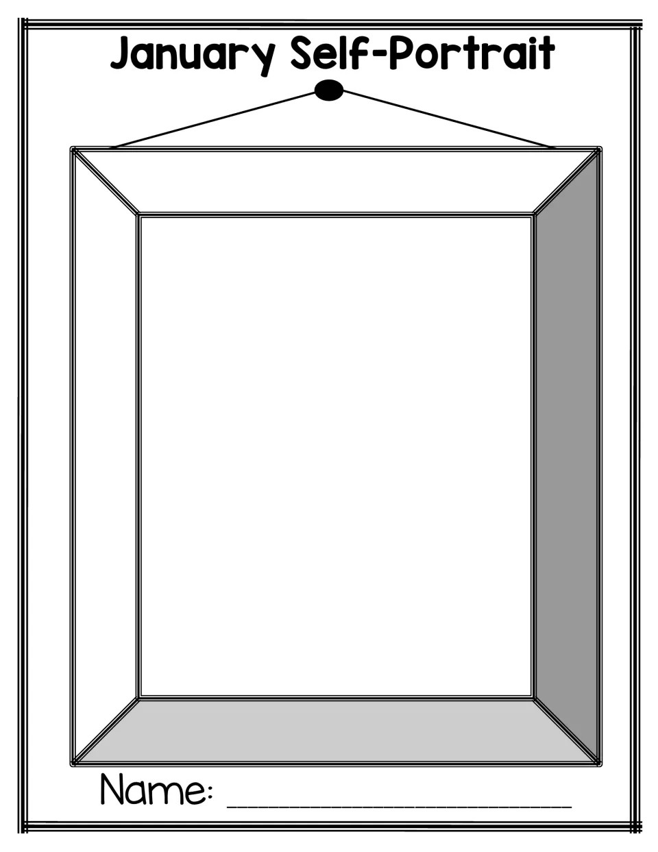 January Self-Portrait: students draw how they look now inside a hanging picture frame and label it with their name