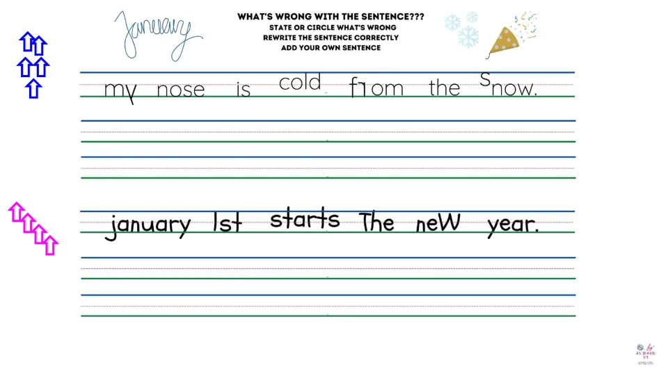 January sentence-correction slide with two sentences about a cold nose in the snow and New Year's Day