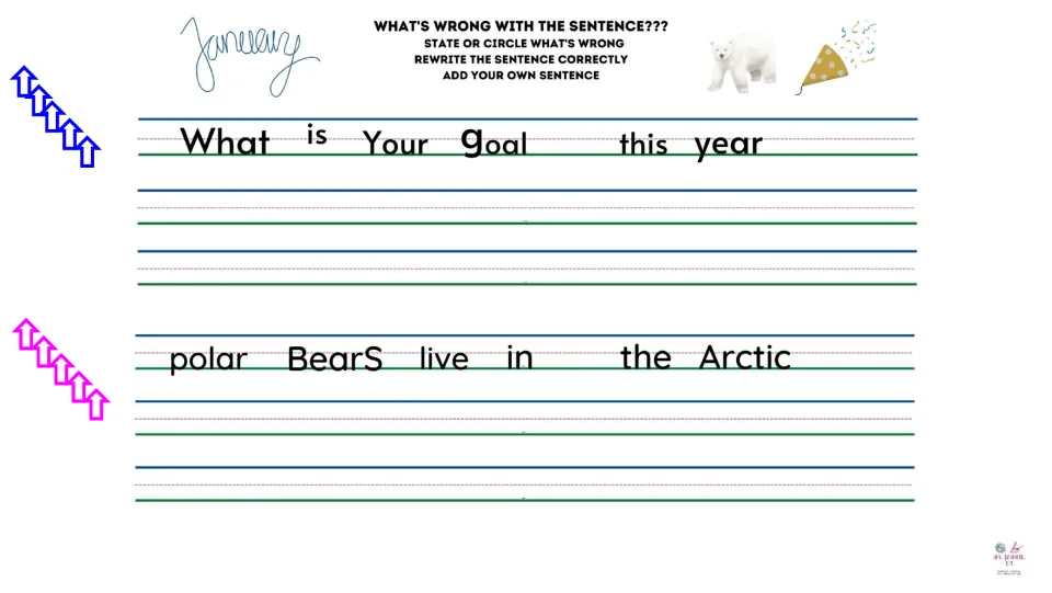 January sentence-correction slide with a question about this year's goal and a sentence about polar bears