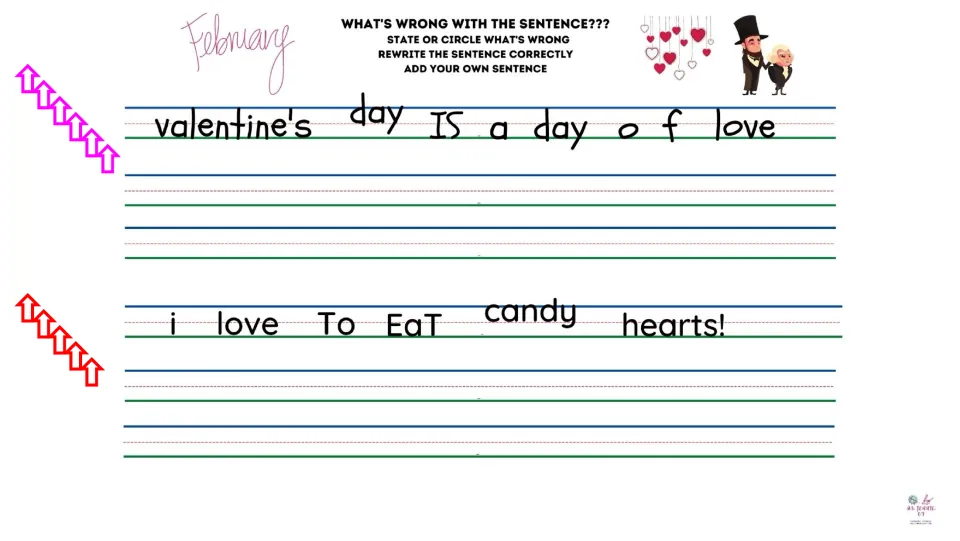 February sentence-correction slide with two sentences about Valentine's Day and eating candy hearts