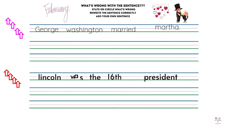 February sentence-correction slide about George Washington marrying Martha and Lincoln as 16th president