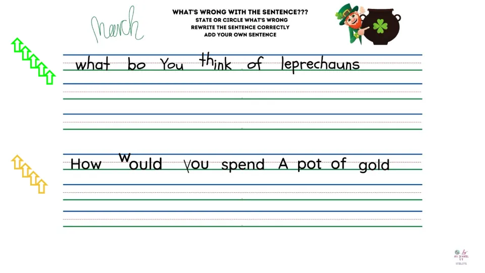 March sentence-correction slide with questions about leprechauns and how students would spend a pot of gold