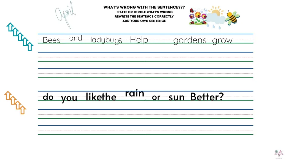 April sentence-correction slide about bees and ladybugs helping gardens grow and preferring rain or sun
