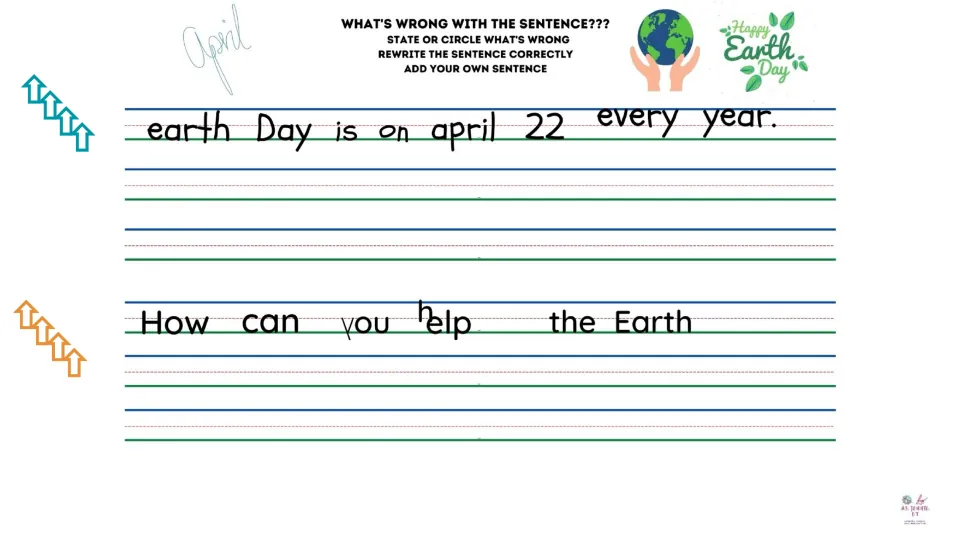 April sentence-correction slide about Earth Day on April 22 and a question asking how to help the Earth