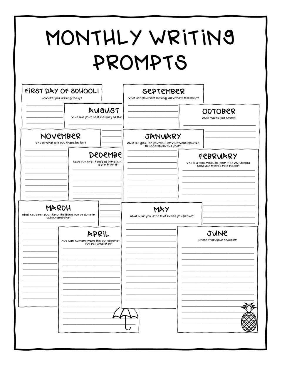 Monthly Writing Prompts cover showing sample response pages for school-year months and the first day of school