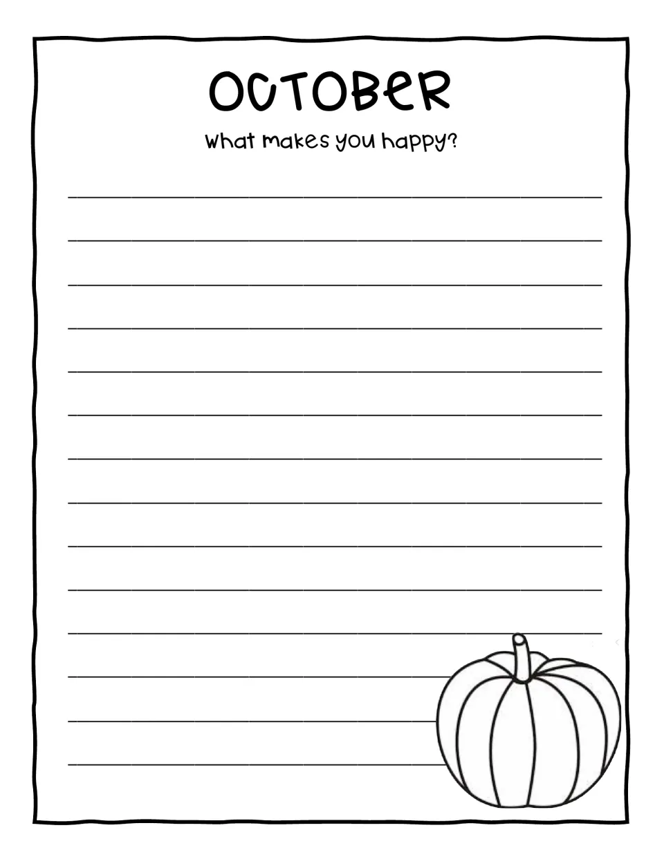 October writing prompt asks 'What makes you happy?' for a personal response in the school-year collection
