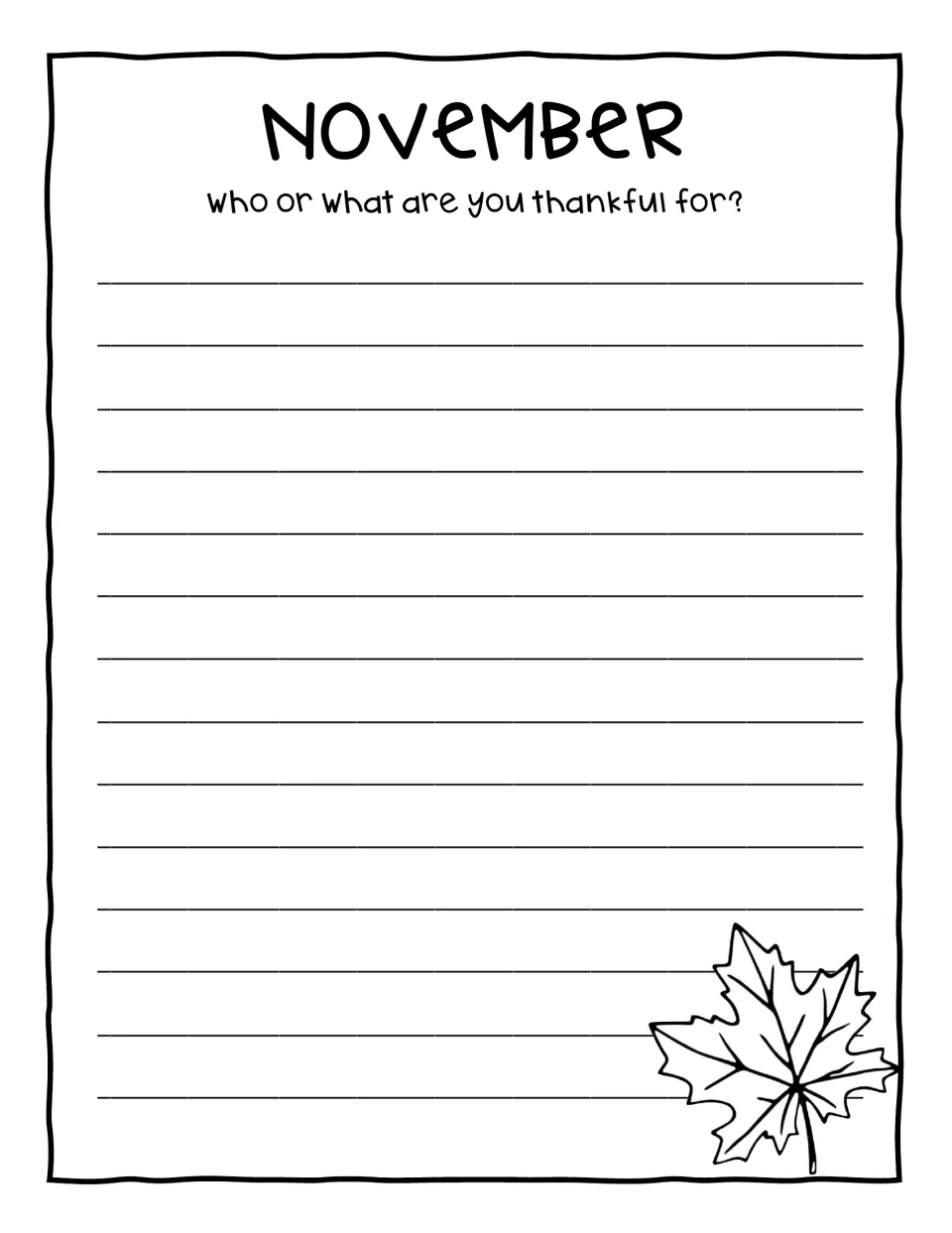November writing prompt asks 'Who or what are you thankful for?' as a monthly reflection on gratitude