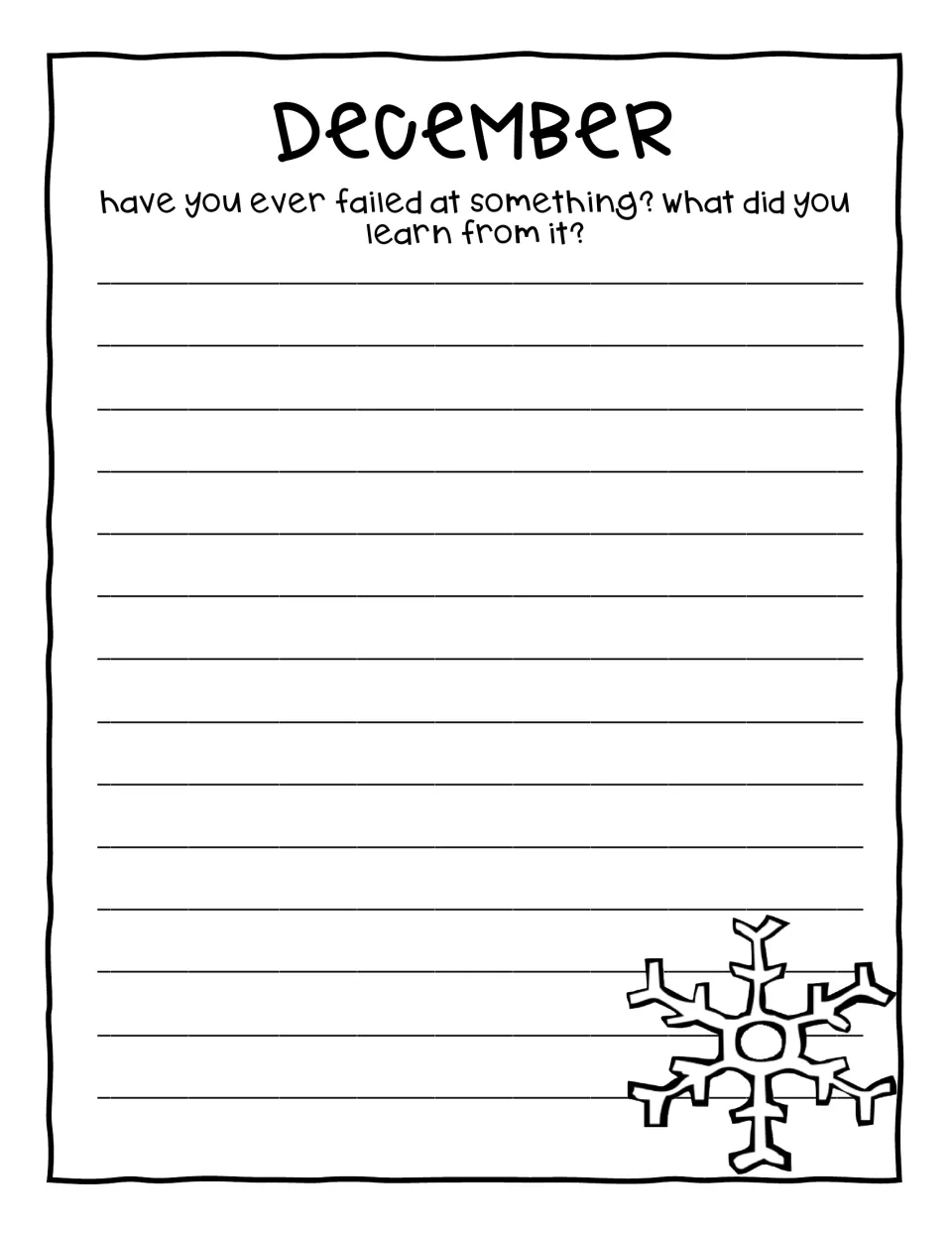 December writing prompt asks 'Have you ever failed at something?' and invites students to explain what they learned