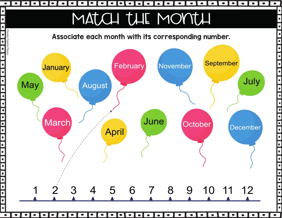 Month matching activity: January through December to match to numbers 1–12, with February linked to 2.