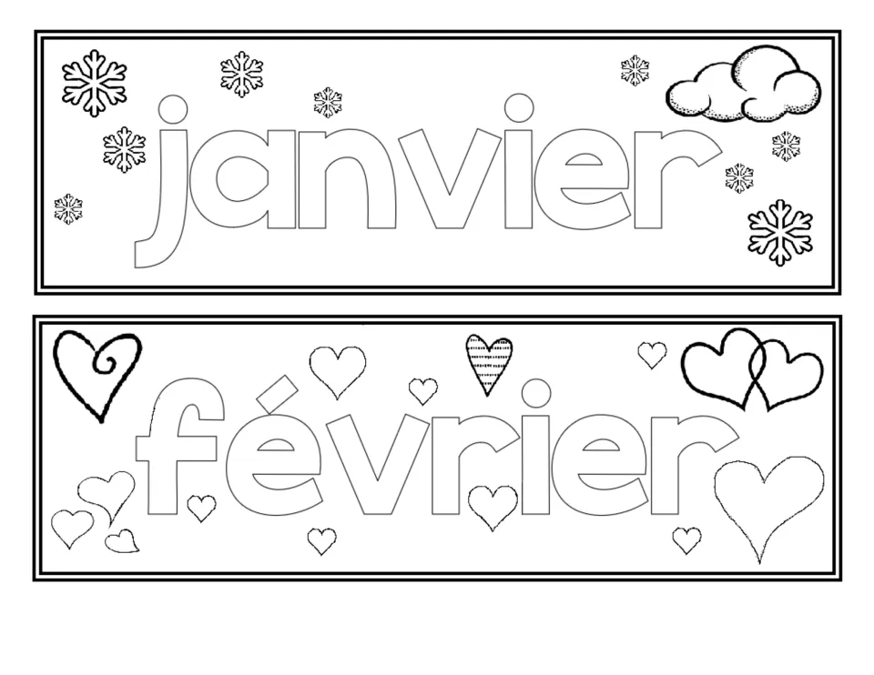 French classroom month labels to color: janvier (January) and février (February), the first two months