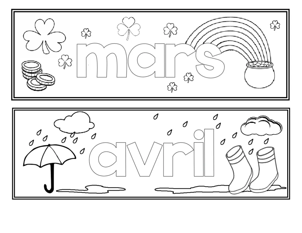 French classroom month labels to color: mars (March) and avril (April), the third and fourth months