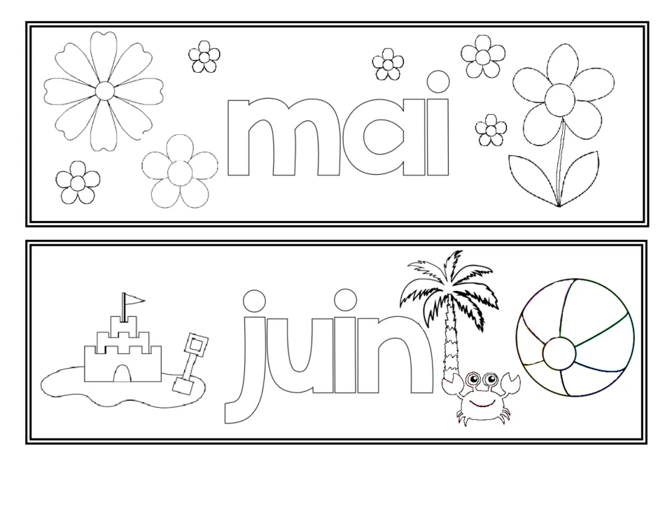 French classroom month labels to color: mai (May) and juin (June), the fifth and sixth months of the year