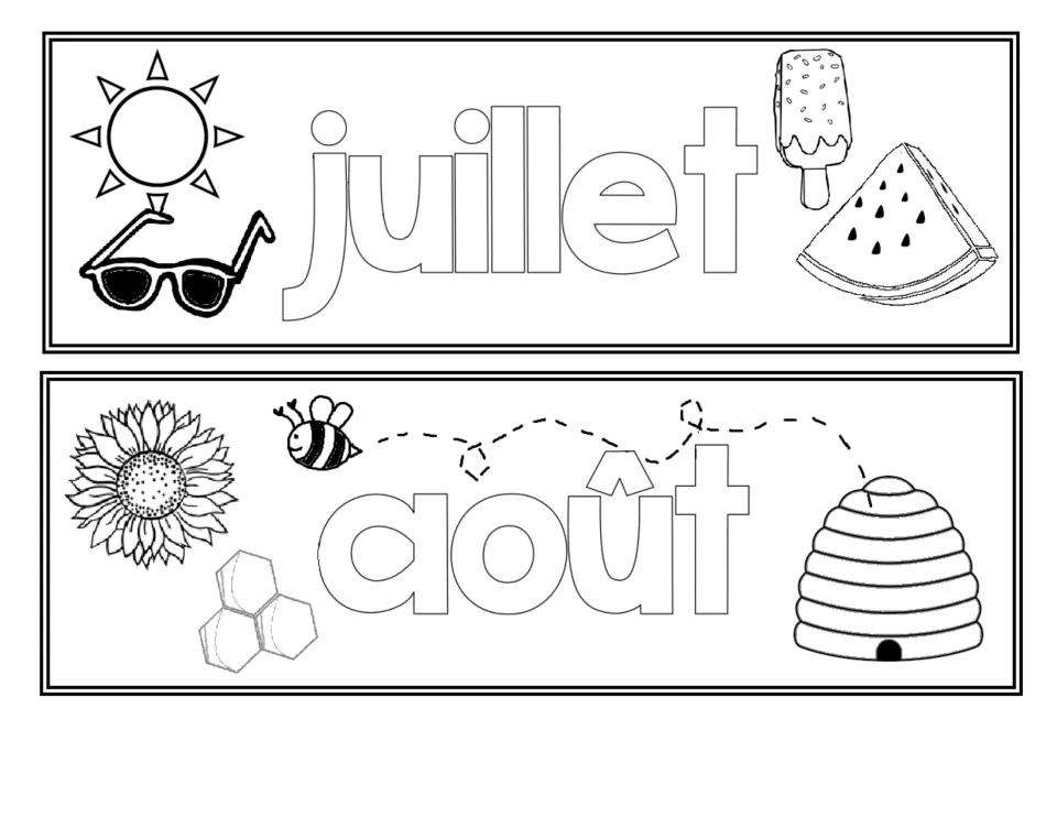 French classroom month labels to color: juillet (July) and août (August), the seventh and eighth months