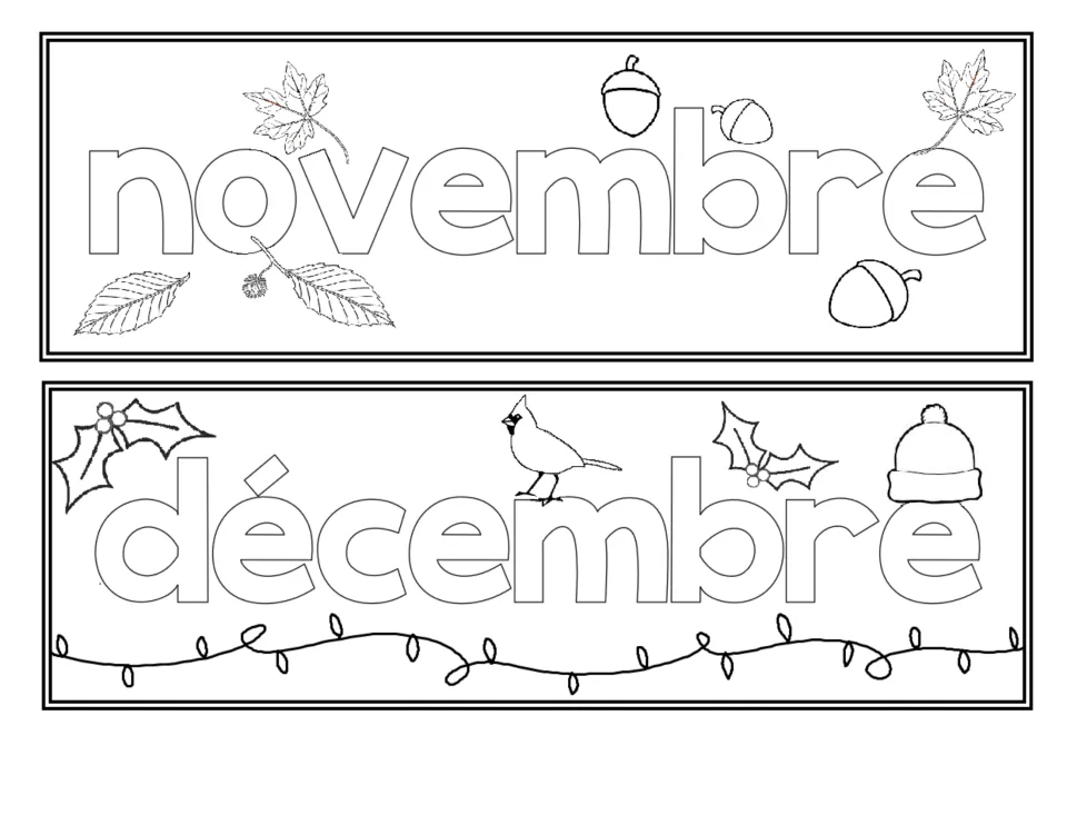 French classroom month labels to color: novembre (November) and décembre (December), the final two months