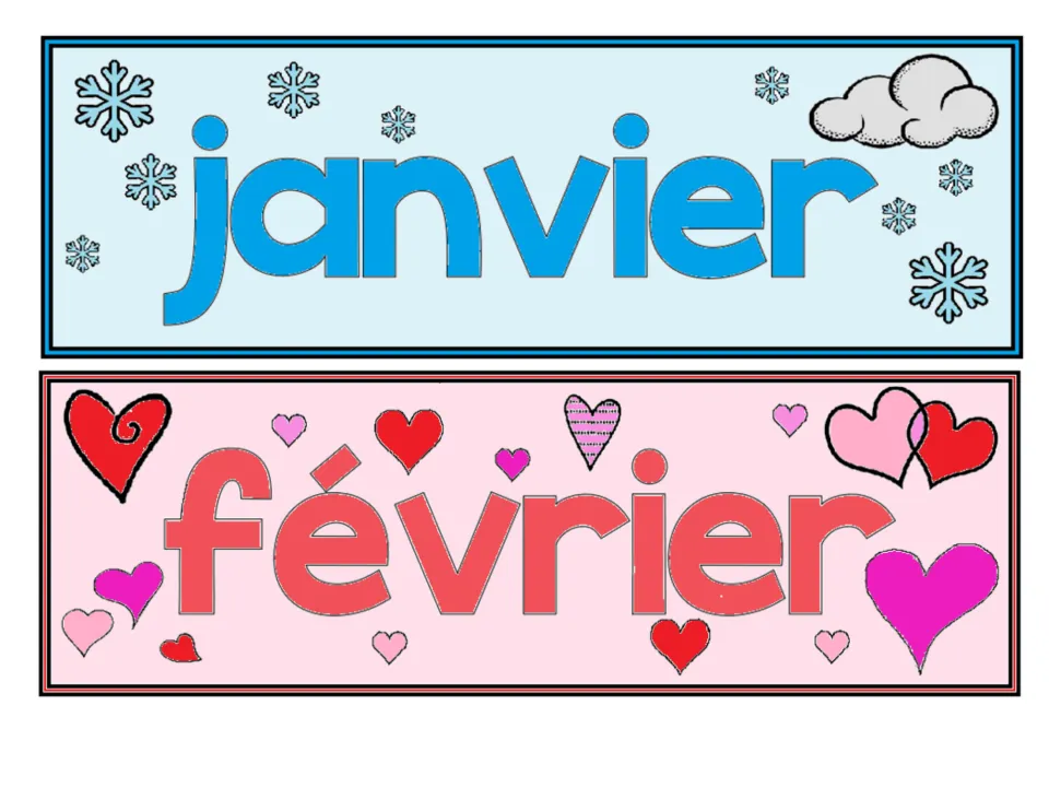 French classroom month labels in color: janvier (January) and février (February), the first two months