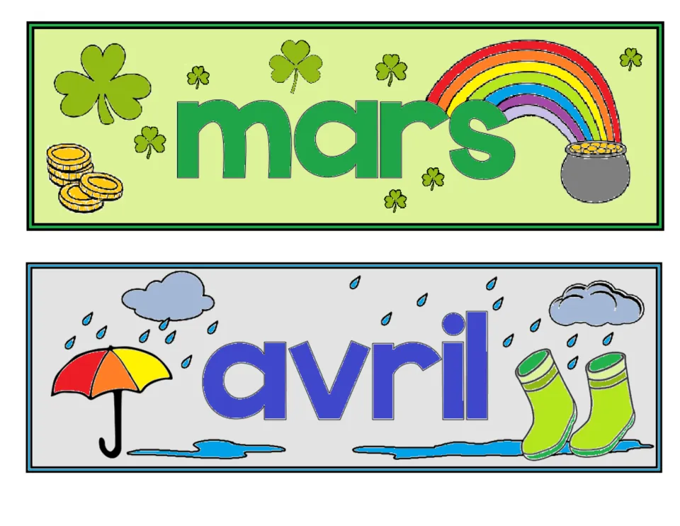 French classroom month labels in color: mars (March) and avril (April), the third and fourth months