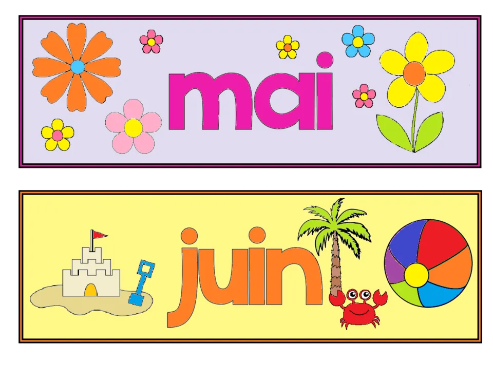 French classroom month labels in color: mai (May) and juin (June), the fifth and sixth months of the year