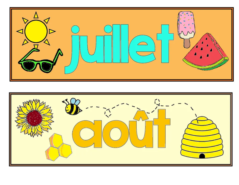 French classroom month labels in color: juillet (July) and août (August), the seventh and eighth months