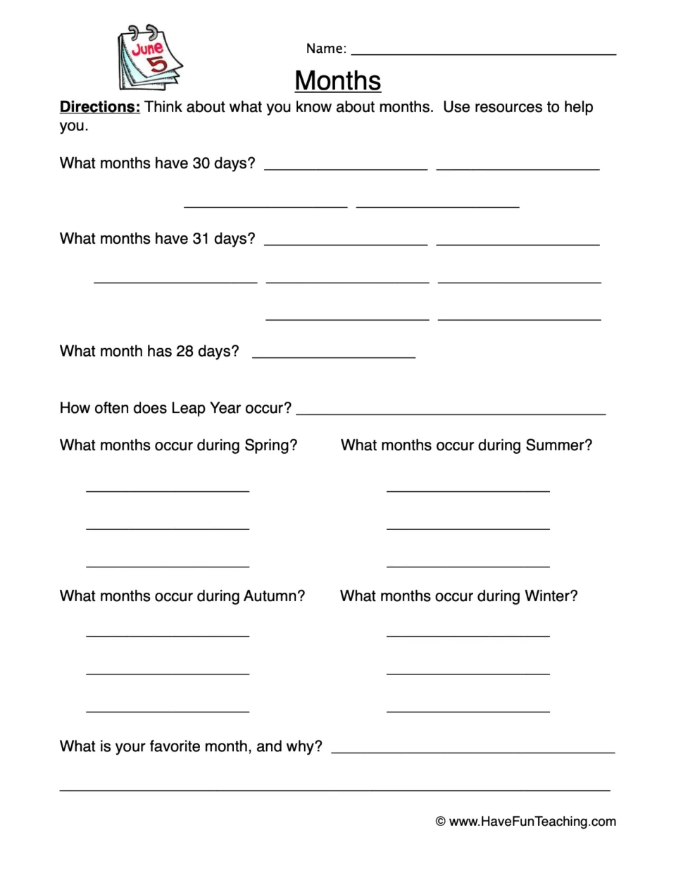 Months: students list which months have 30, 31 or 28 days, how often leap year occurs, and the months in each season