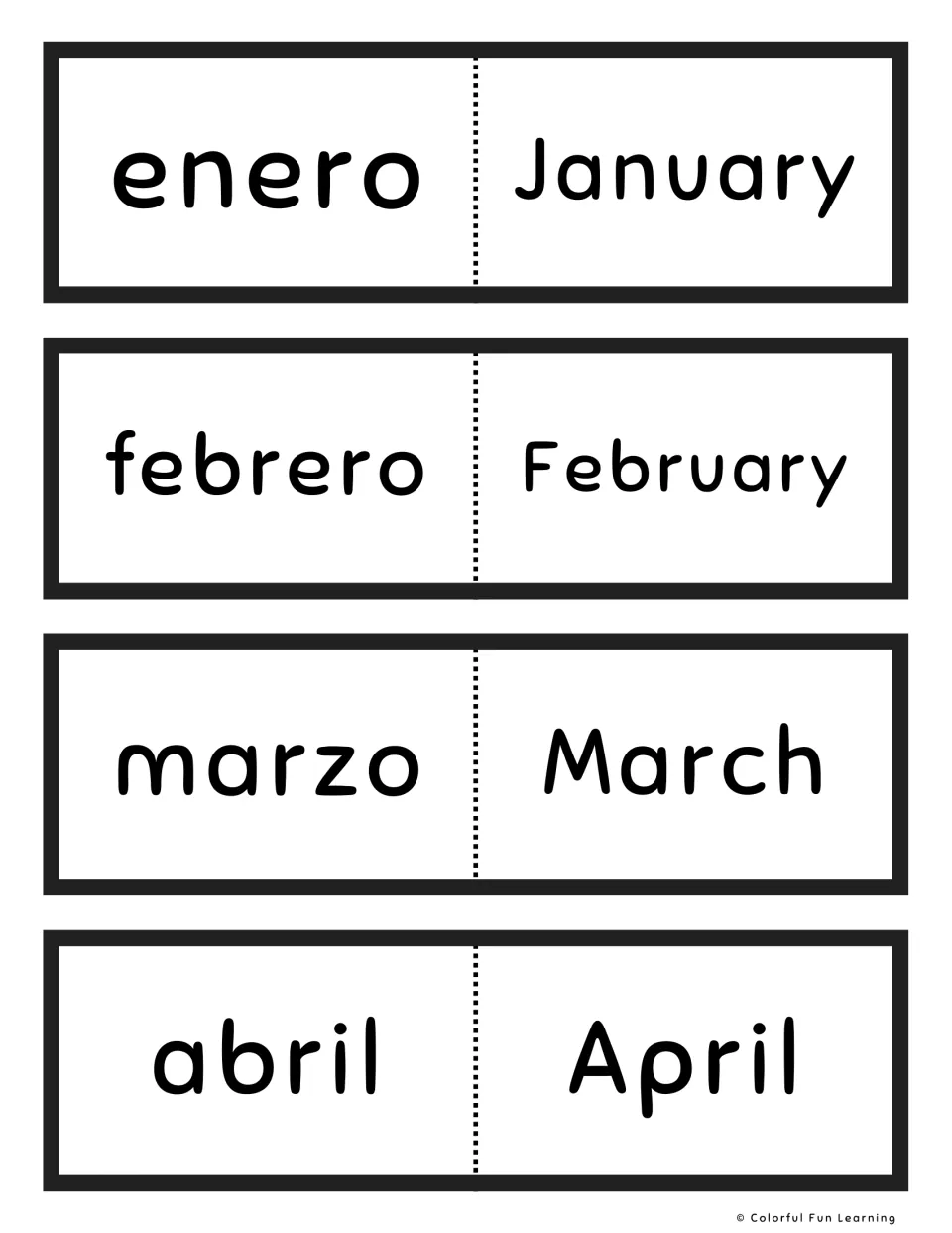 Spanish months vocabulary: four fold-over flash cards pairing enero, febrero, marzo and abril with January to April