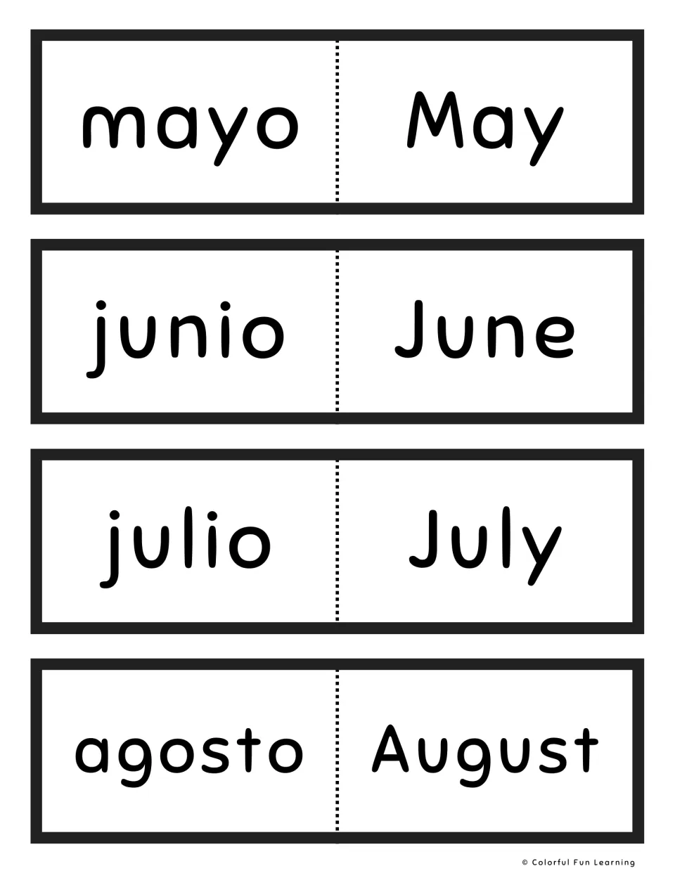 Spanish month names, May to August: flash cards pairing mayo, junio, julio and agosto with their English words
