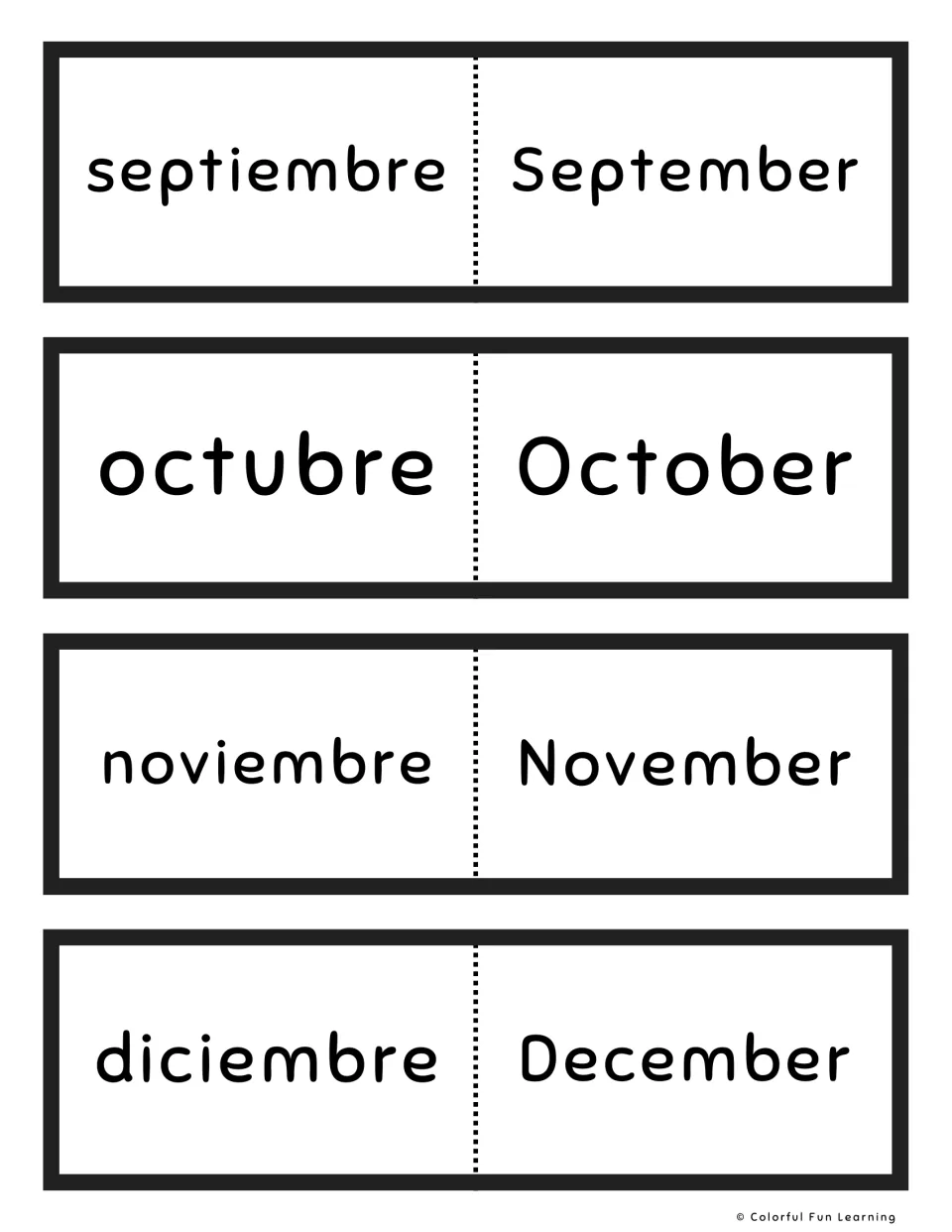 Last four months in Spanish: flash cards for septiembre, octubre, noviembre and diciembre beside September to December