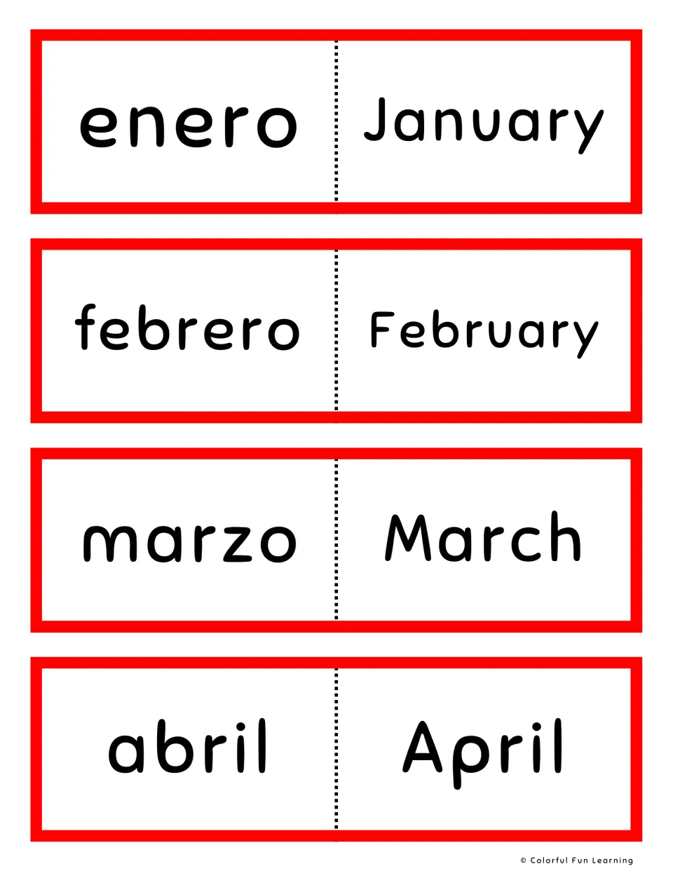 Spanish months, red cards: enero, febrero, marzo and abril beside January, February, March and April to fold and study