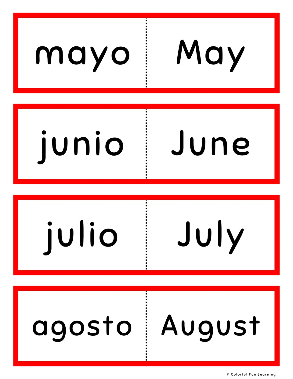 Spanish months, red cards: mayo, junio, julio and agosto beside May, June, July and August for vocabulary practice