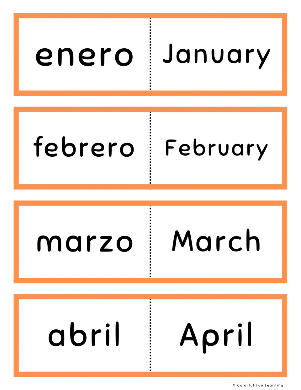Orange cards for January to April: enero, febrero, marzo and abril, each word shown with its English month name
