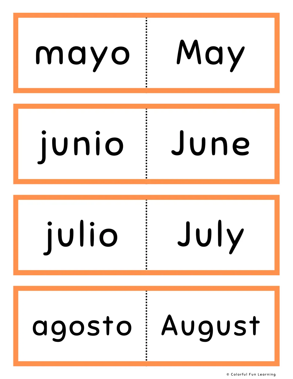 Orange cards for May to August: mayo, junio, julio and agosto, each Spanish month name paired with its English match