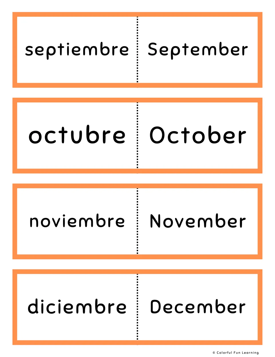 Orange cards for September to December: septiembre, octubre, noviembre and diciembre with English names to translate