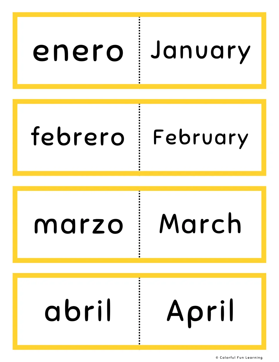 Yellow flashcards with enero, febrero, marzo and abril opposite January, February, March and April for month recall
