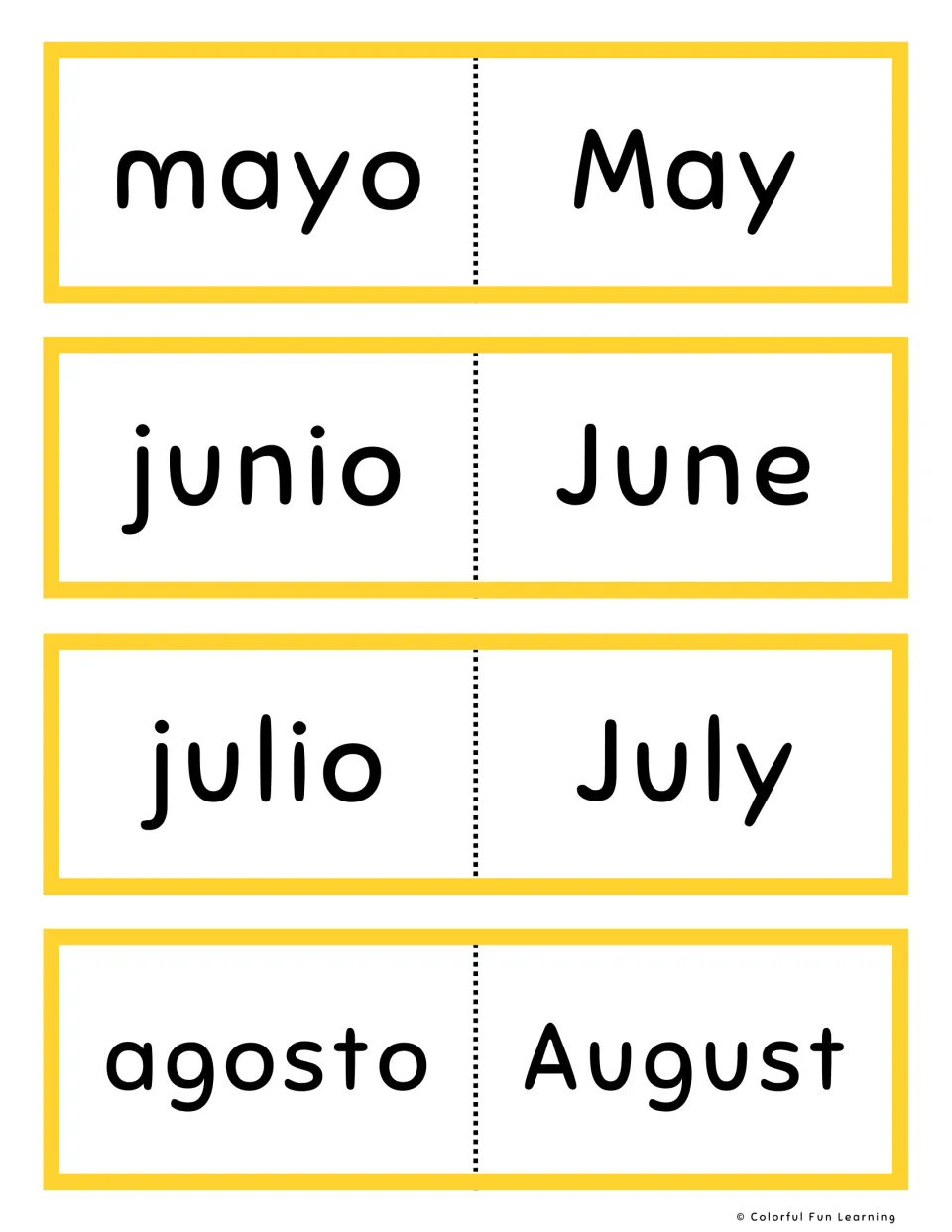 Yellow flashcards with mayo, junio, julio and agosto opposite May, June, July and August for practising the middle months