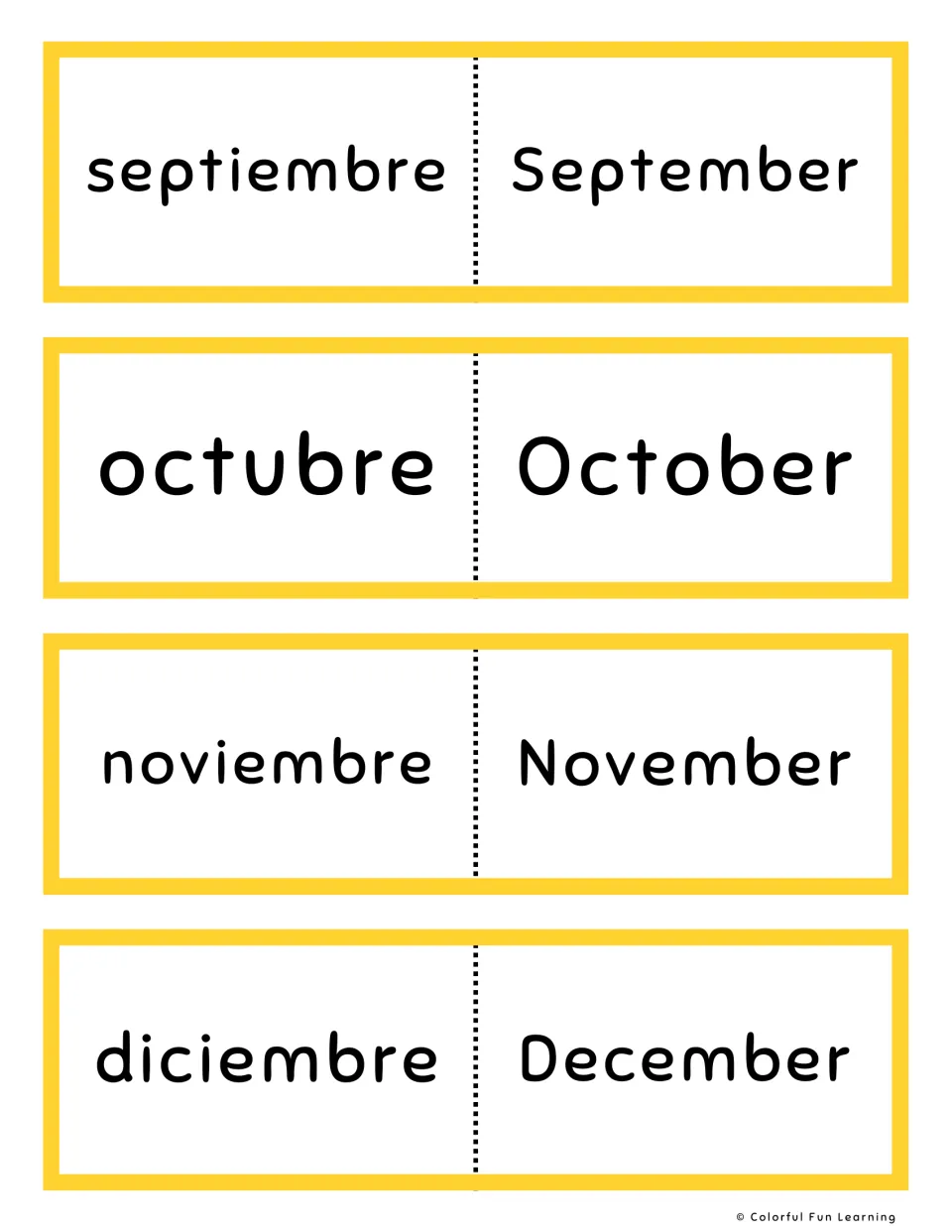 Yellow flashcards with septiembre, octubre, noviembre and diciembre opposite the English names for the last four months