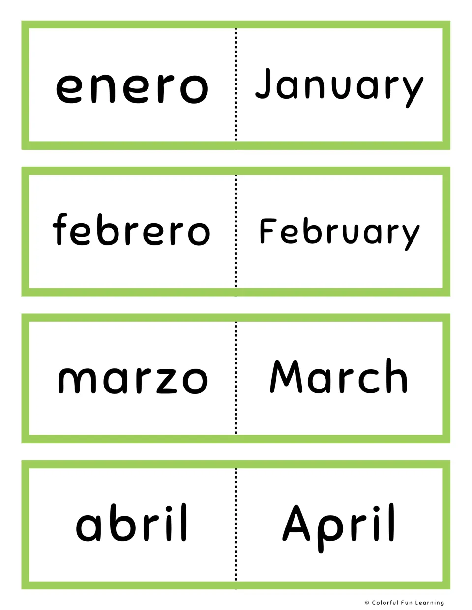 Green card set starting the year again: enero, febrero, marzo and abril matched to January through April in English