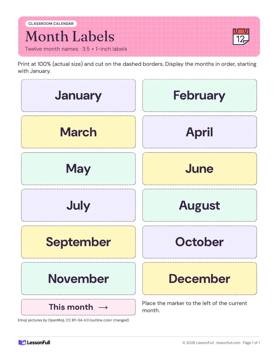 Month name labels for a classroom calendar: twelve cut-out cards from January to December and a This month marker