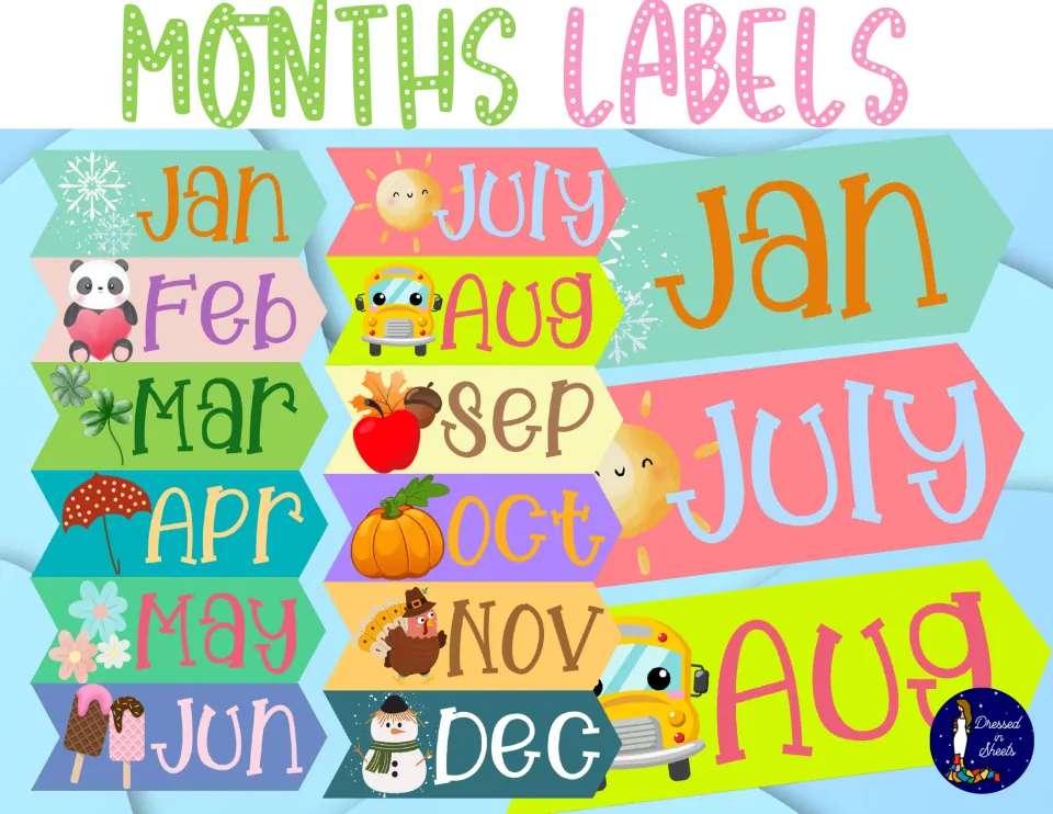 Months Labels cover: arrow-shaped month labels Jan to Dec, each with a seasonal picture such as a snowflake or pumpkin