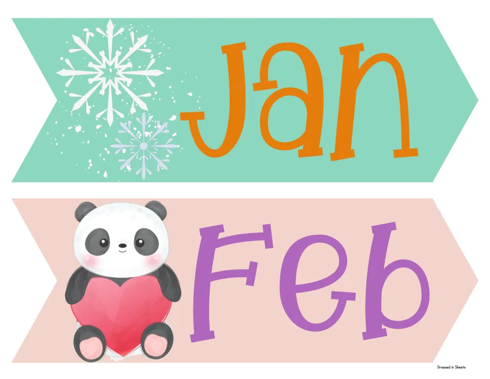 January and February arrow labels: Jan with snowflakes, Feb with a panda holding a heart, two to a page