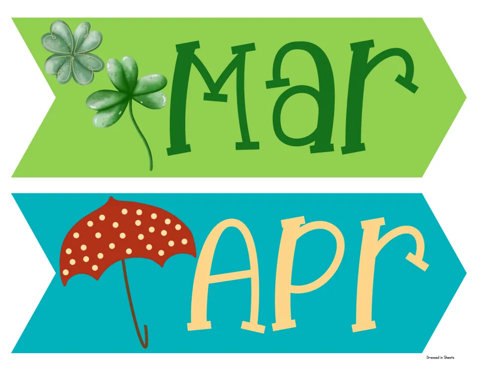 March and April arrow labels: Mar decorated with shamrocks and Apr with a red polka-dot umbrella, two to a page