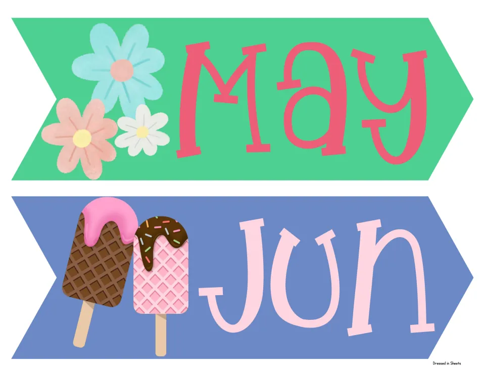 May and June arrow labels: May decorated with spring flowers and Jun with two ice cream bars, two to a page