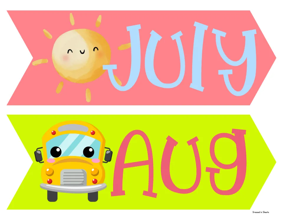 July and August arrow labels: July with a smiling sun and Aug with a cartoon school bus, two to a page