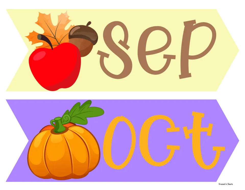 September and October arrow labels: Sep with an apple, acorn and leaf, Oct with a pumpkin, two to a page