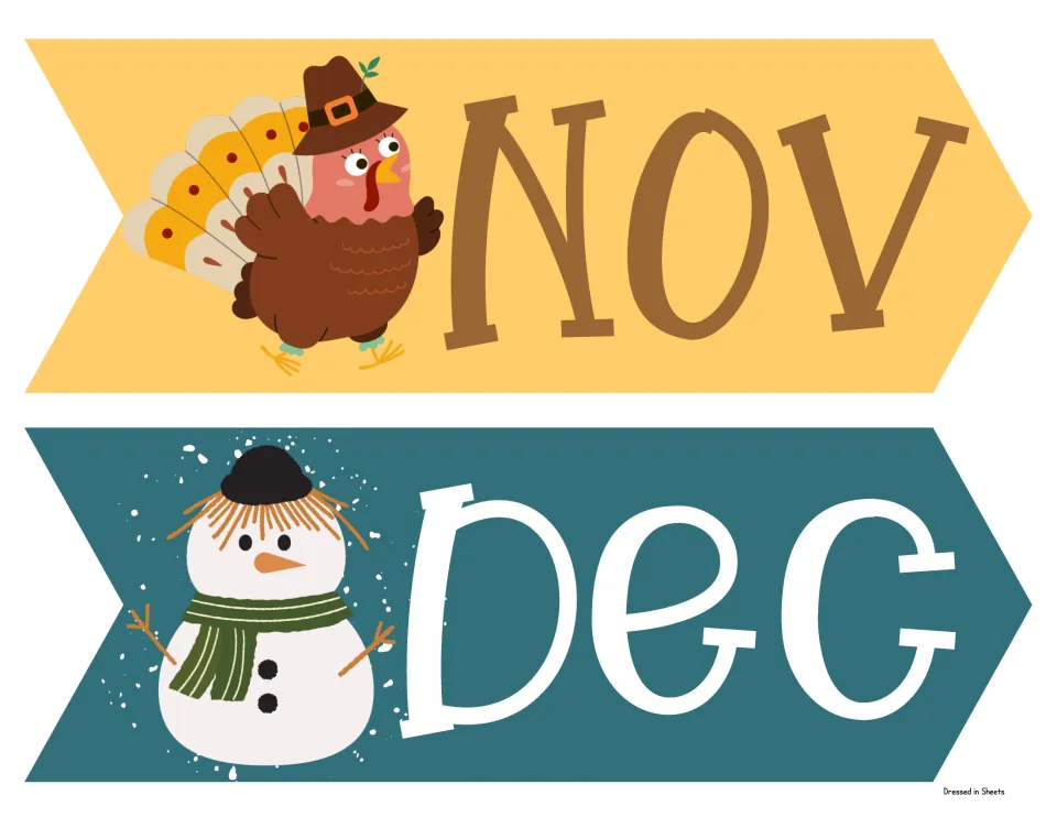 November and December arrow labels: Nov with a turkey in a pilgrim hat, Dec with a snowman, two to a page