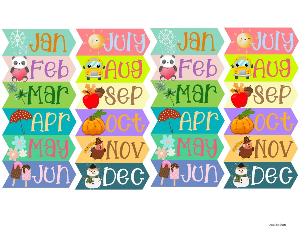 Small arrow labels for all 12 months, Jan to Dec, printed as two full sets on one page with seasonal pictures