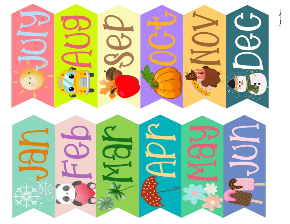 Vertical pennant-style month labels, July to December across the top and January to June below, with seasonal art