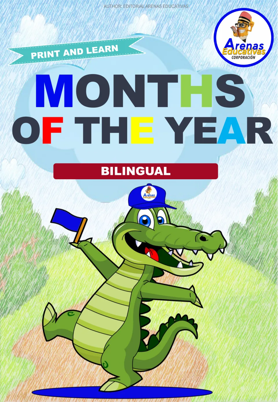 Cover of Months of the Year, a bilingual print-and-learn set, with a smiling cartoon crocodile holding a blue flag