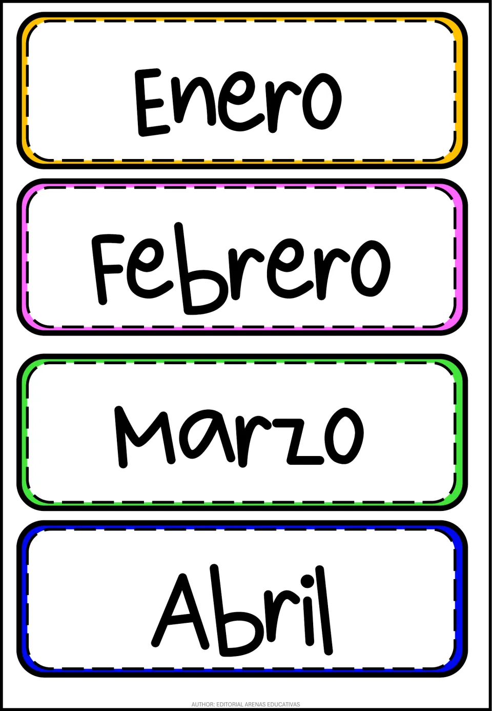 Spanish month labels Enero, Febrero, Marzo and Abril in large print, ready to cut out for naming the first four months