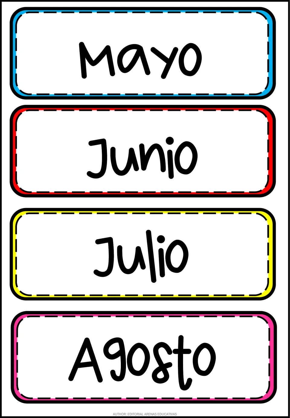 Spanish month labels Mayo, Junio, Julio and Agosto in large print, ready to cut out for naming months five through eight