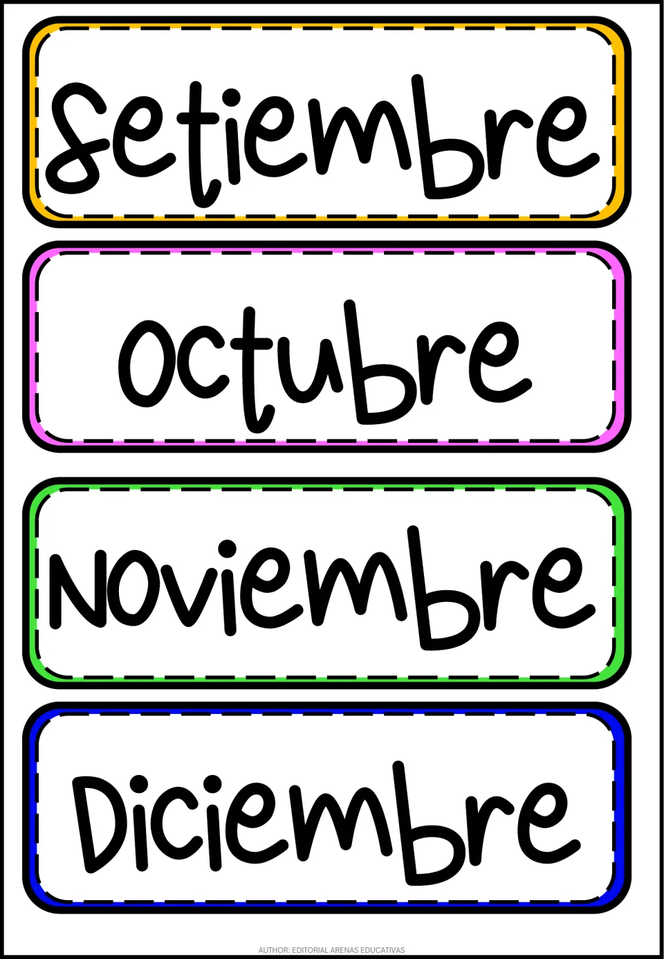 Spanish month labels Setiembre, Octubre, Noviembre and Diciembre in large print, to cut out for the last four months