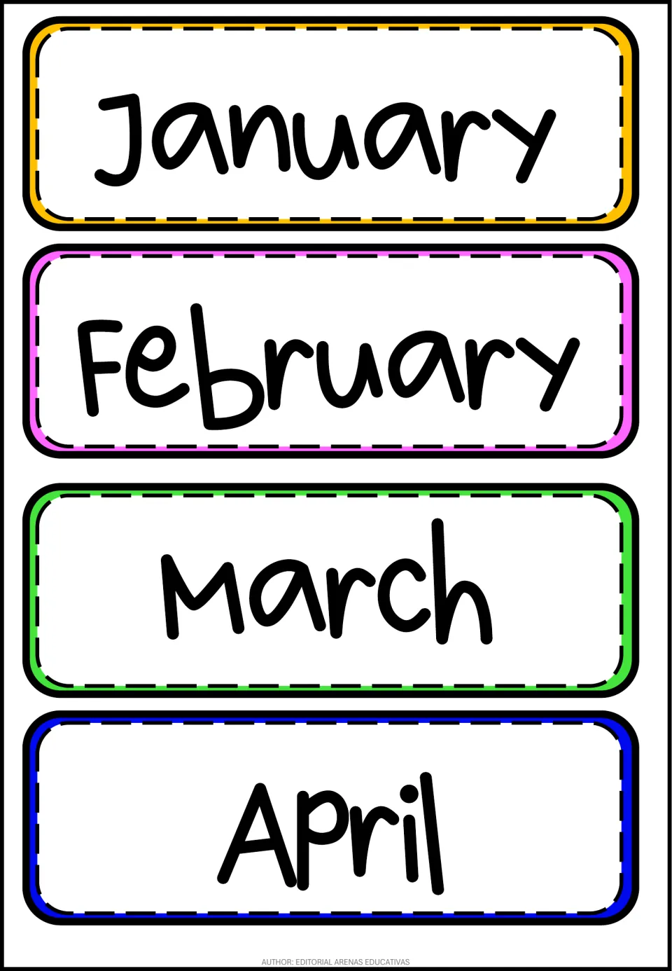 English month labels January, February, March and April in large print, color-matched to the Spanish cards for pairing